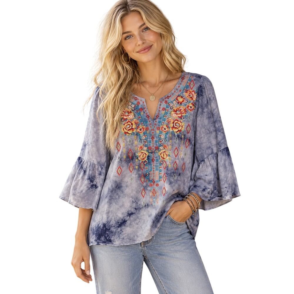 Savanna Jane Floral Embroidered Top Women's Small Blue Tie Dye Bell Sleeves Boho
